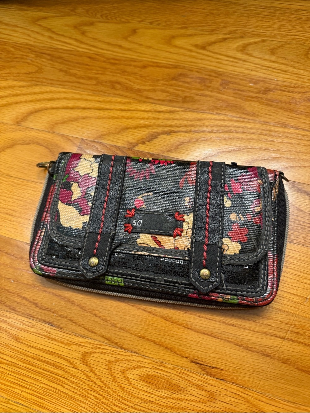 Sakroots Black Floral Zip-Around Wallet with Red Stitching